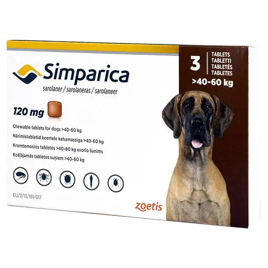 Simparica 3 x 120mg tablets for dogs 40-60kg, oral flea and tick control pet medicine by Zoetis with image of large dog on packaging.
