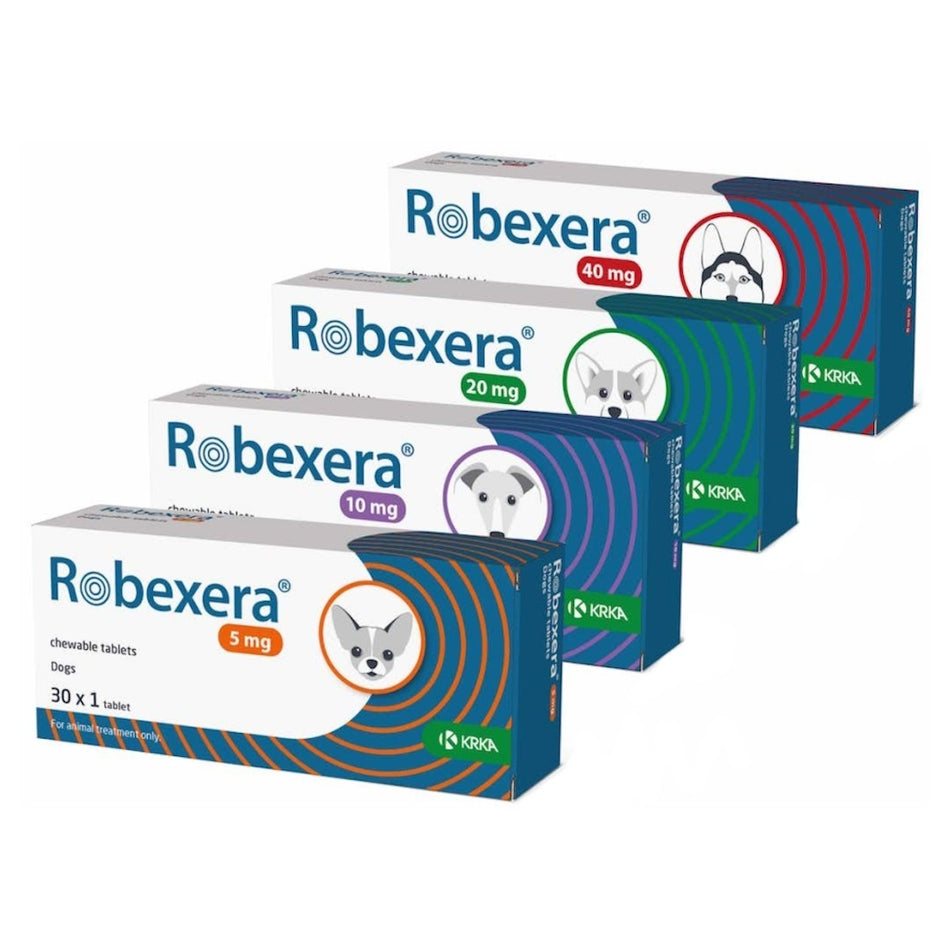 Robexera 10Mg pet medicine box for dogs, 30 chewable tablets per pack, designed for accurate 10mg dosage in animal care.