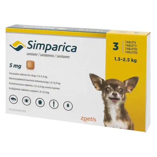 Simparica® Chewable Tablets for Dogs 5mg (1.3kg-2.5kg) 3-pack pet medicine box featuring a small dog and dosage details for flea and tick prevention.