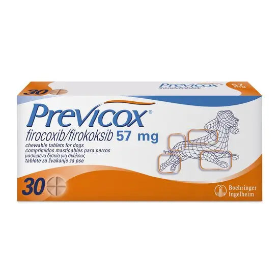 Previcox® Chewable Tablets for Dogs 57mg 30Tablets box packaging with dog illustration, ideal for pet pain relief in Animals & Pet Supplies.