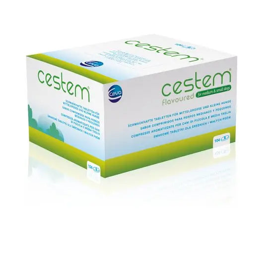 Cestem Flavoured Worming Tablets For S-M Dogs box packaging for pet medicine, ideal for small to medium dogs in parasite treatment category.