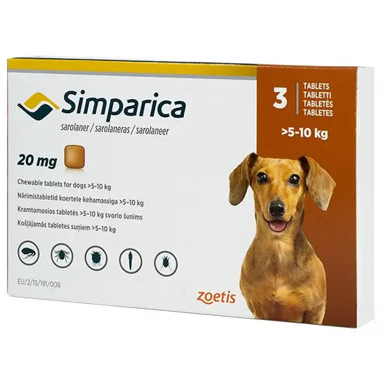 Simparica® Chewable Tablets for Dogs 20mg (5kg-10kg) 3-pack pet medicine with sarolaner for flea, tick, and mite protection. Suitable for medium dogs.