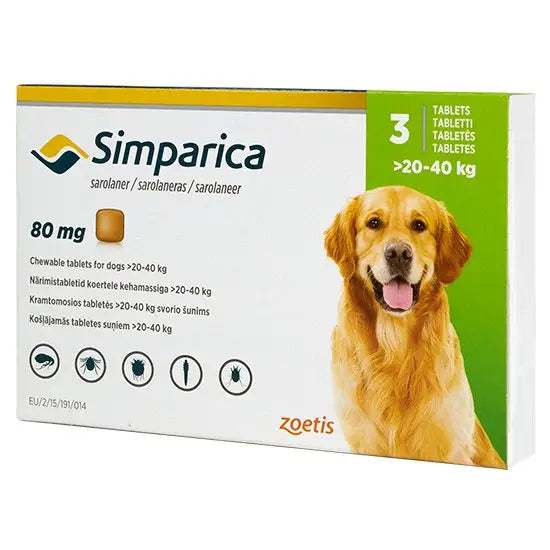 Simparica® Chewable Tablets for Dogs 80mg 3-pack for 20kg-40kg dogs, pet medicine for flea, tick, and mite protection with golden retriever image.