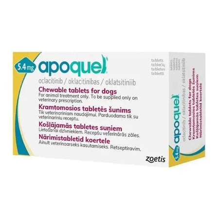 Apoquel Tablets 20 X 5.4Mg pet medicine box for dogs, featuring oclacitinib chewable tablets for allergy relief. Veterinary use only.