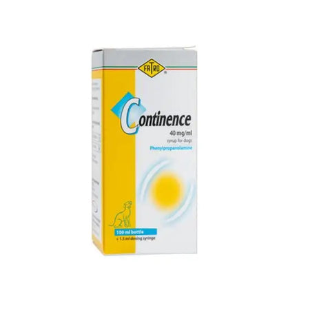 Continence Syrup 40mg/ml for dogs in 50ml bottle packaging, pet medicine for urinary control. Includes dosing syringe for easy administration.