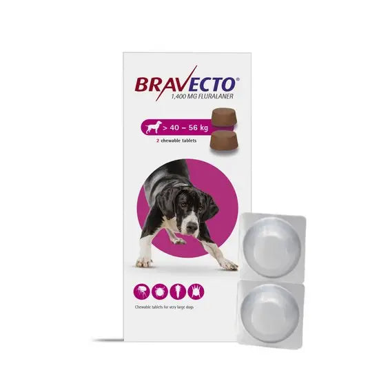 Bravecto® Chewable Tablets for XL Dogs (1400mg) 2D pet medicine pack for dogs weighing 40–56kg, includes 2 chewable flea and tick tablets.