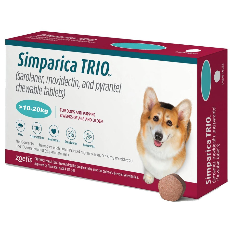 Simparica Trio 6 x 24mg tablets for dogs 10-20kg, oral flea, tick, and heartworm treatment in chewable form, pet medicine by Zoetis.