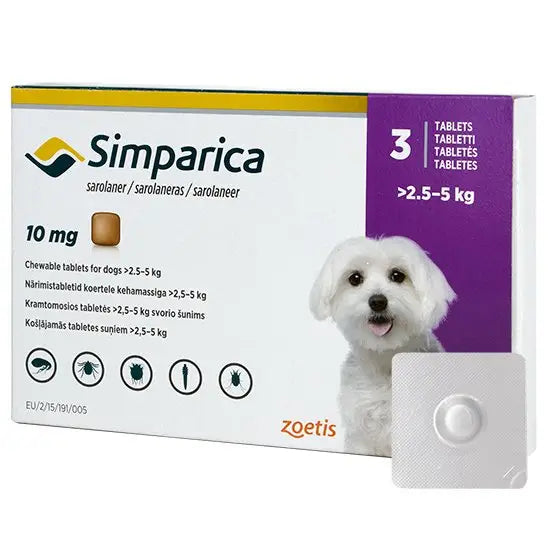 Simparica® Chewable Tablets for Dogs 10mg (2.5kg-5kg) 3-pack shown with packaging and one tablet blister, ideal antiparasitic pet medicine.