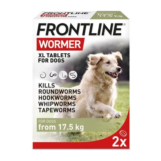 FRONTLINE® WORMER Flavoured XL Tablets for dogs over 17.5 kg, 2-pack pet medicine targeting roundworms, hookworms, whipworms, and tapeworms.
