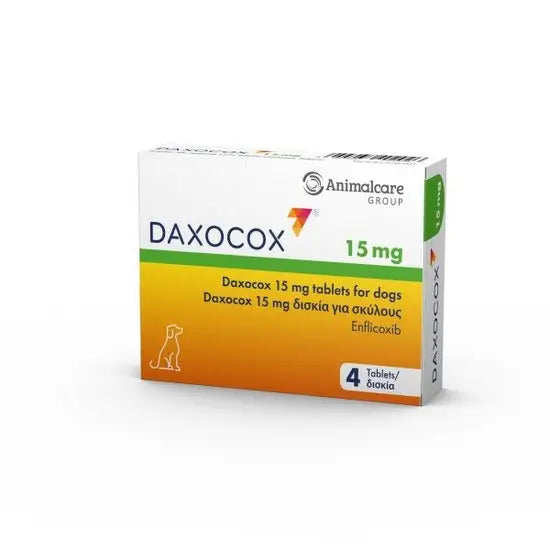 Daxocox® Tablets for Dogs 15mg pet medicine box with Enflicoxib, 4-pack for osteoarthritis pain relief, prescription-only dog treatment.