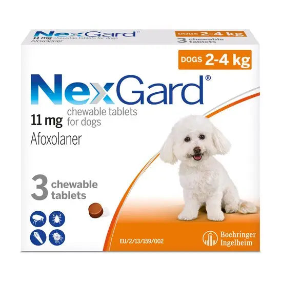 NexGard® Chewable Tablets for Small Dogs 11mg 3PK flea and tick treatment for dogs 2-4kg, featuring a white dog on the packaging. Ideal pet medicine for parasite control.
