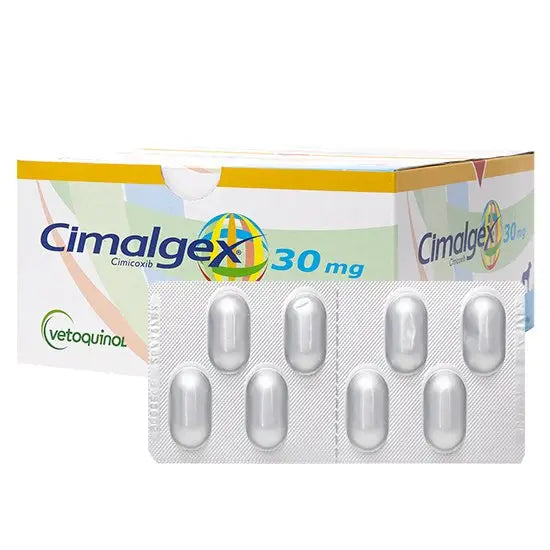 Cimalgex 30mg 144PK pet medicine box with blister pack of tablets, used for pain relief in dogs. Ideal for pet health and veterinary care.