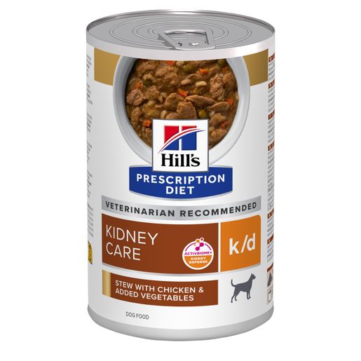 Hill's PRESCRIPTION DIET k/d Stew for Dogs with Chicken & added Vegetables 354g can, prescription wet dog food for kidney care support.
