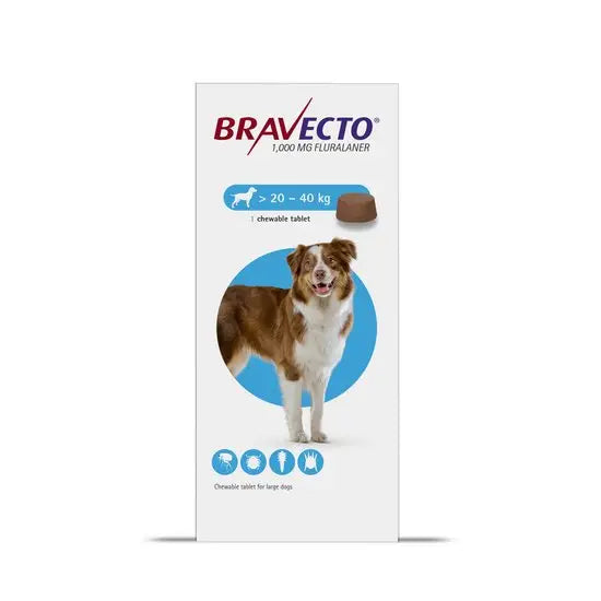 Bravecto® Chewable Tablets for Large Dogs (1000mg) 1D packaging showing a brown and white dog, suitable for dogs 20-40kg. Oral flea and tick control.