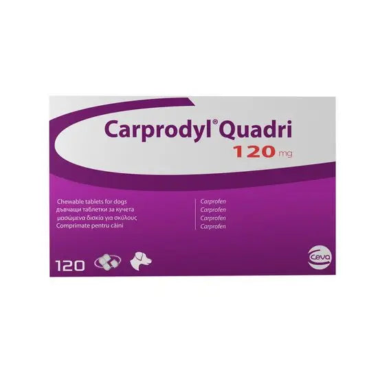 Carprodyl® Quadri Chewable Tablets for Dogs 120mg box packaging showing dosage and brand details for pet medicine category.