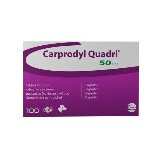 Carprodyl® Quadri Chewable Tablets for Dogs 50mg pet medicine box with 100 tablets, used for pain relief and inflammation in dogs.