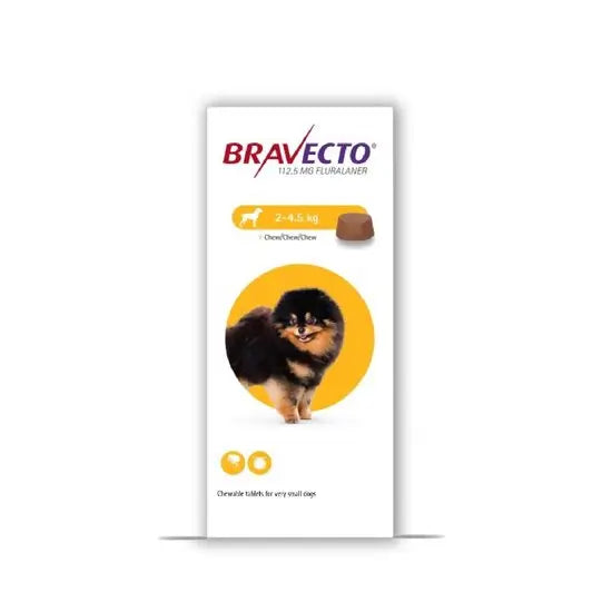 BRAVECTO® Chewable Tablets for Toy Dog 112.5mg (2kg-4.5kg) 1D pet medicine packaging featuring a small dog and dosage details for antiparasitic use.