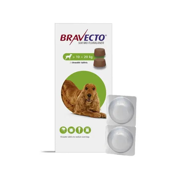 Bravecto® Chewable Tablets for Medium Dogs (500mg) 2D pack with two tablets for dogs 10–20kg, antiparasitic pet medicine for flea and tick control.