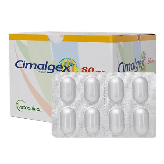 Cimalgex 80Mg 144PK pet medicine box with blister pack of tablets, used for pain relief in dogs. Vetoquinol brand packaging shown.