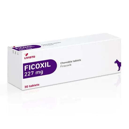 Ficoxil Chewable Tablets 227mg 30Tablets pet medicine box with purple and white packaging for dogs, used for pain relief and inflammation.