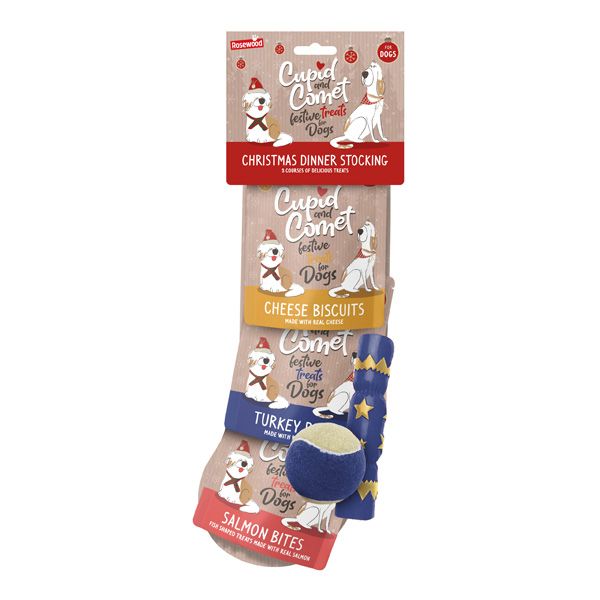 Cupid and Comet Christmas Dinner Dog Stocking with Toys 