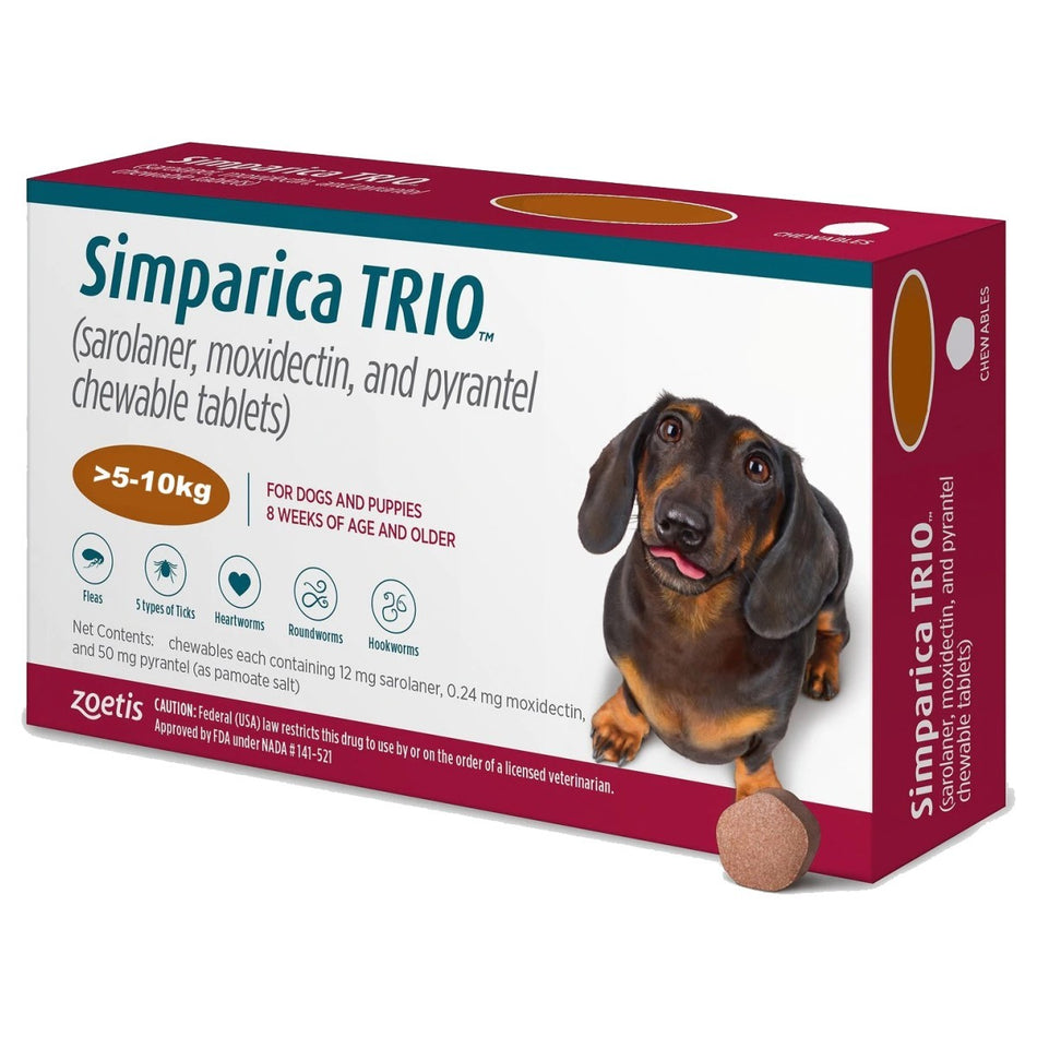Simparica Trio 3 x 12mg tablets for dogs 5-10kg, antiparasitic pet medicine with sarolaner, moxidectin, and pyrantel for flea, tick, and worm protection.