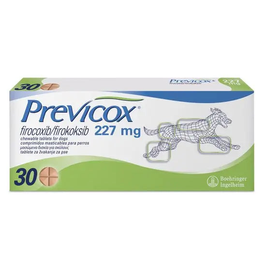Previcox Tablets 227Mg 60Pk for dogs, featuring 30 chewable pet medicine tablets per box for pain relief and inflammation treatment.