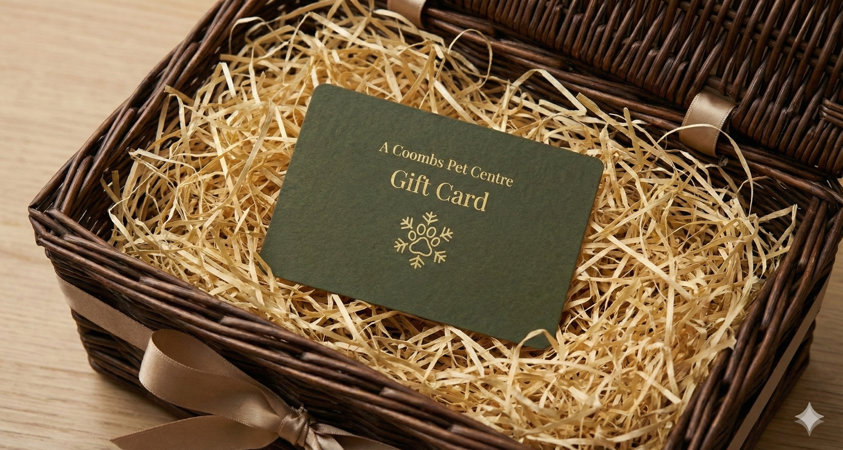 Gift card from A Coombs Pet Centre in a wicker basket with straw