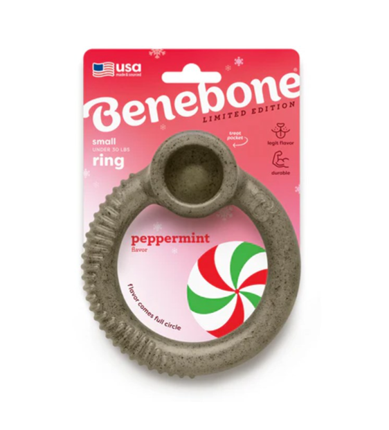Benebone dog toy ring with peppermint flavor packaging on a white background