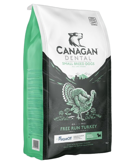 Canagan Dental dog food package for small breed dogs with a turkey illustration on a white background.
