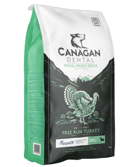 Canagan Dental dog food package for small breed dogs with a turkey illustration on a white background.