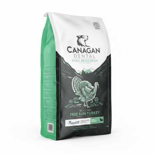 Canagan Small Breed Dental dry dog food. Containing free run turkey and PlagueOff in a grain-free recipe.