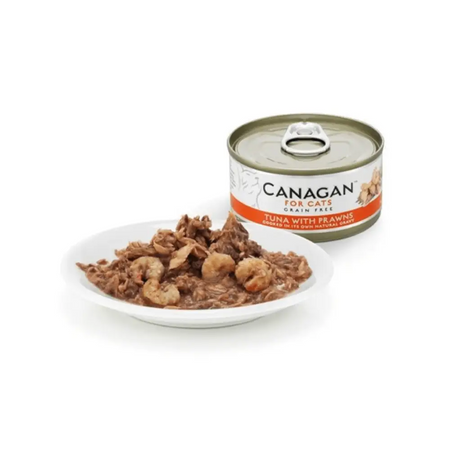 Canagan canned cat food with a bowl of tuna and prawns on a white background