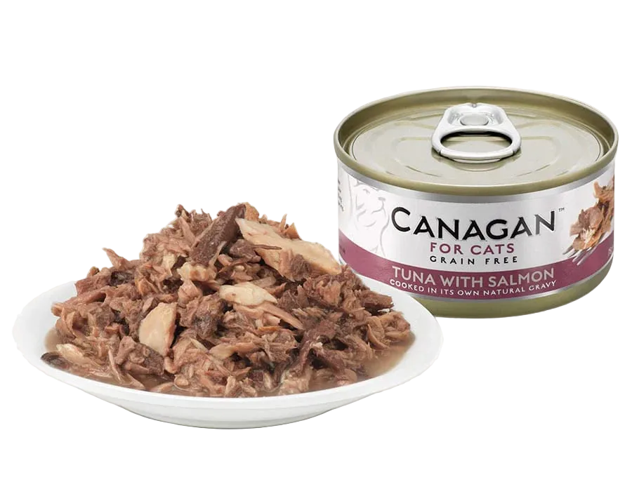 Canagan canned cat food with tuna and salmon on a white background
