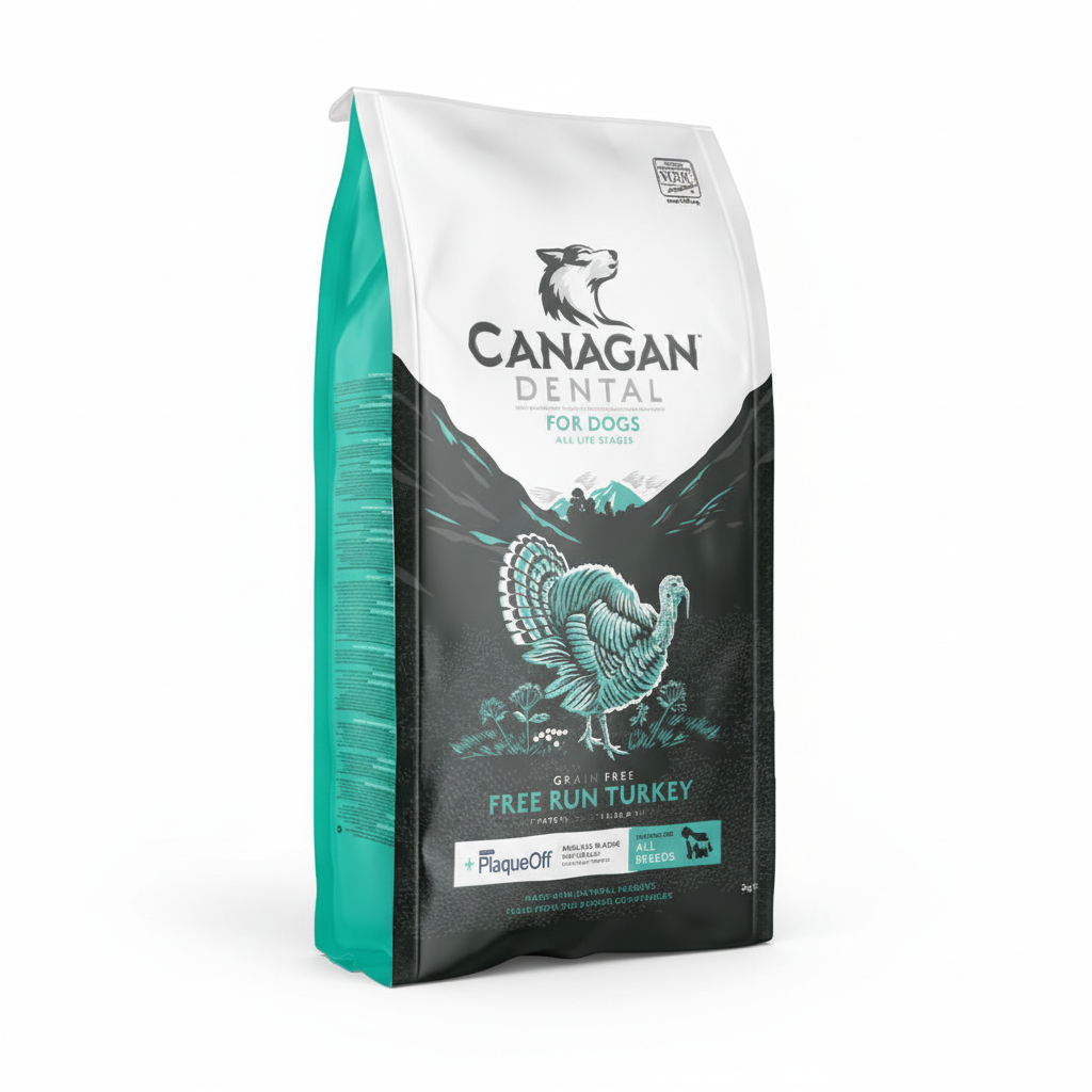 Canagan Turkey Dental for all breeds of dogs of all life stages. Containing Turkey and PlaqueOff in a grain-free recipe.