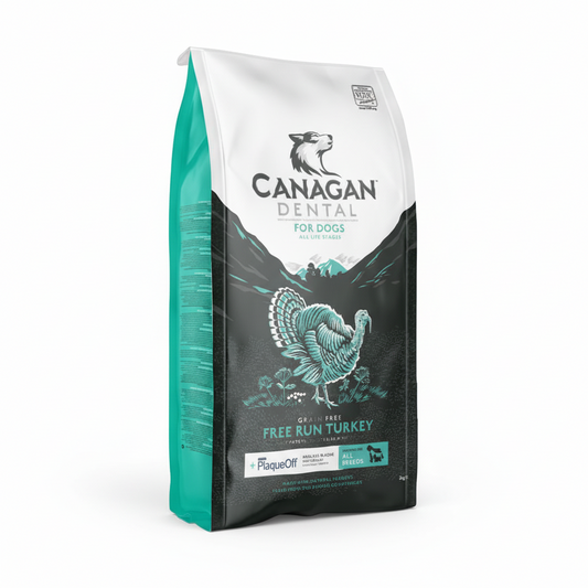Canagan Turkey Dental for all breeds of dogs of all life stages. Containing Turkey and PlaqueOff in a grain-free recipe.