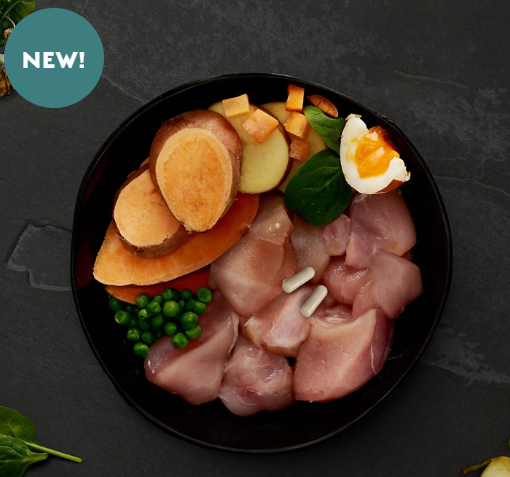 Canagan Light Senior Small Breed raw food items including chicken, potatoes, carrots, and a hard-boiled egg on a black plate with a dark background.