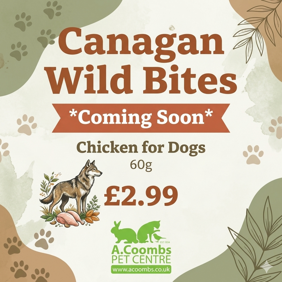 Promotional graphic for Canagan Wild Bites chicken for dogs, featuring a wolf illustration and branding elements.