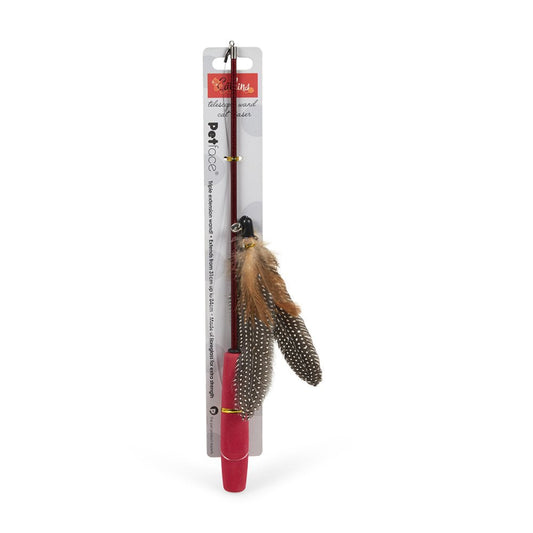 The Catkins Petface wand with red handle and feathers tied to cardboard packaging. Front View.