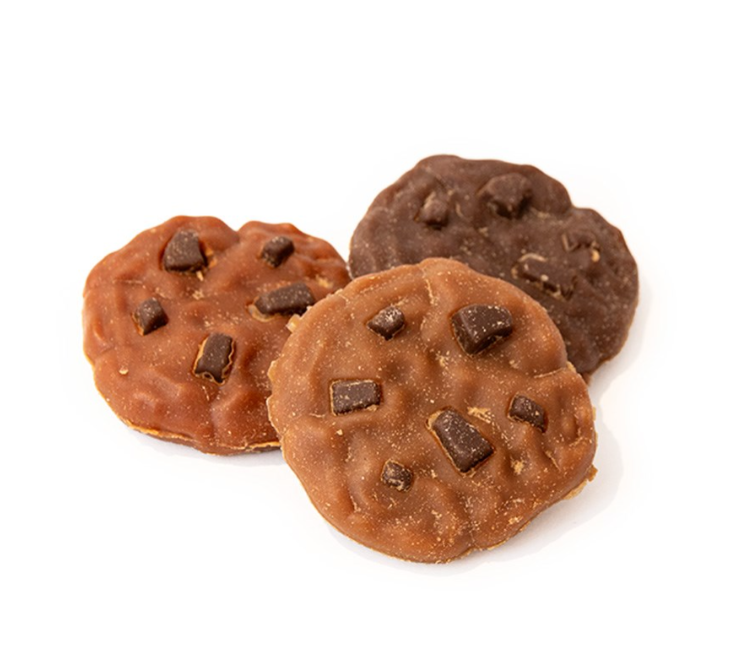 Three chocolate chip cookies on a white background