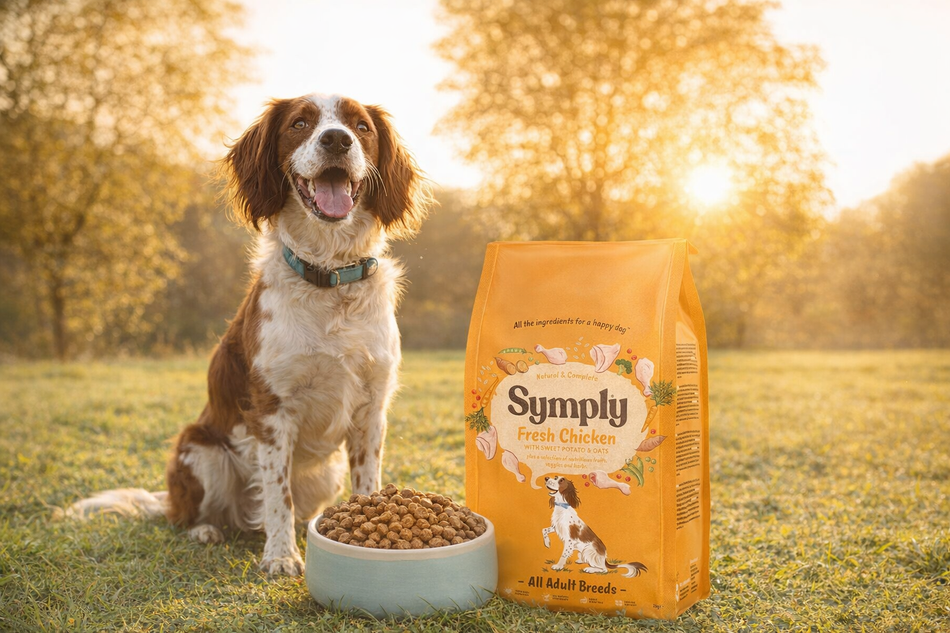 Dog sitting next to a bowl of dog food and a bag of Symply Fresh Chicken dog food in a grassy field.