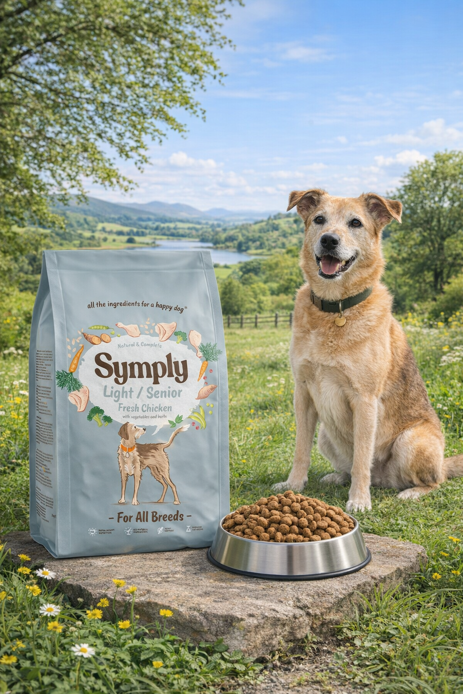 Dog sitting next to a bag of Symply dog food with a scenic background