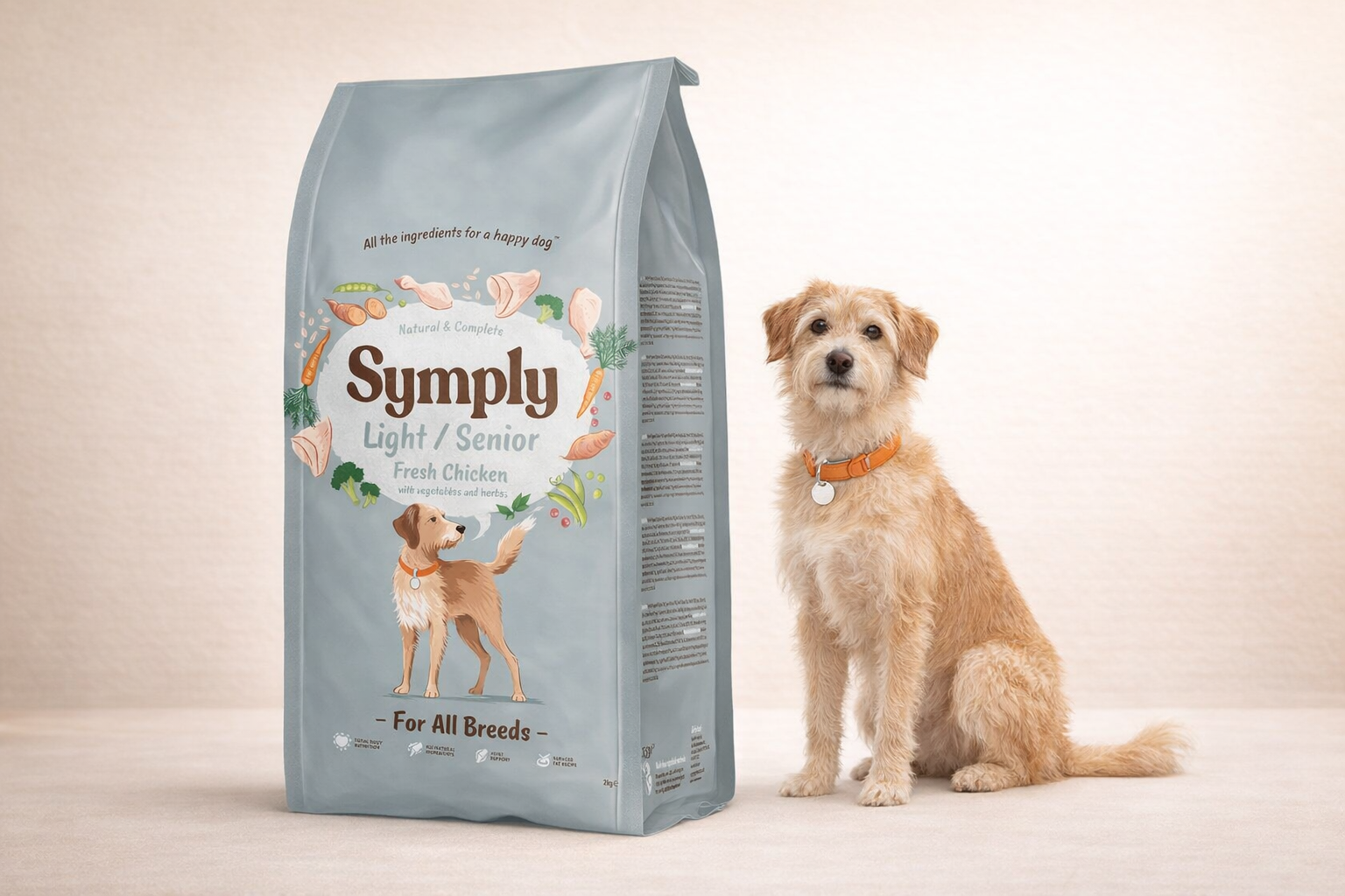 A dog sit next to the Symply Light/Senior dog food in white background.