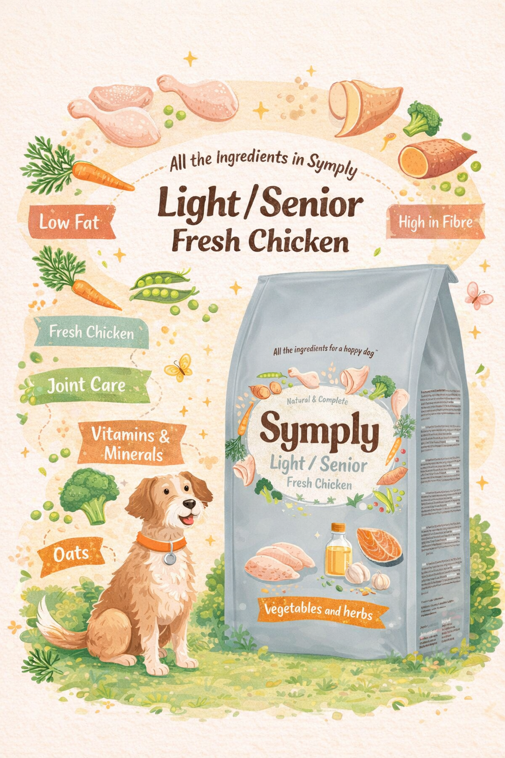 an image shows all the ingredients in symply senior dog food.
