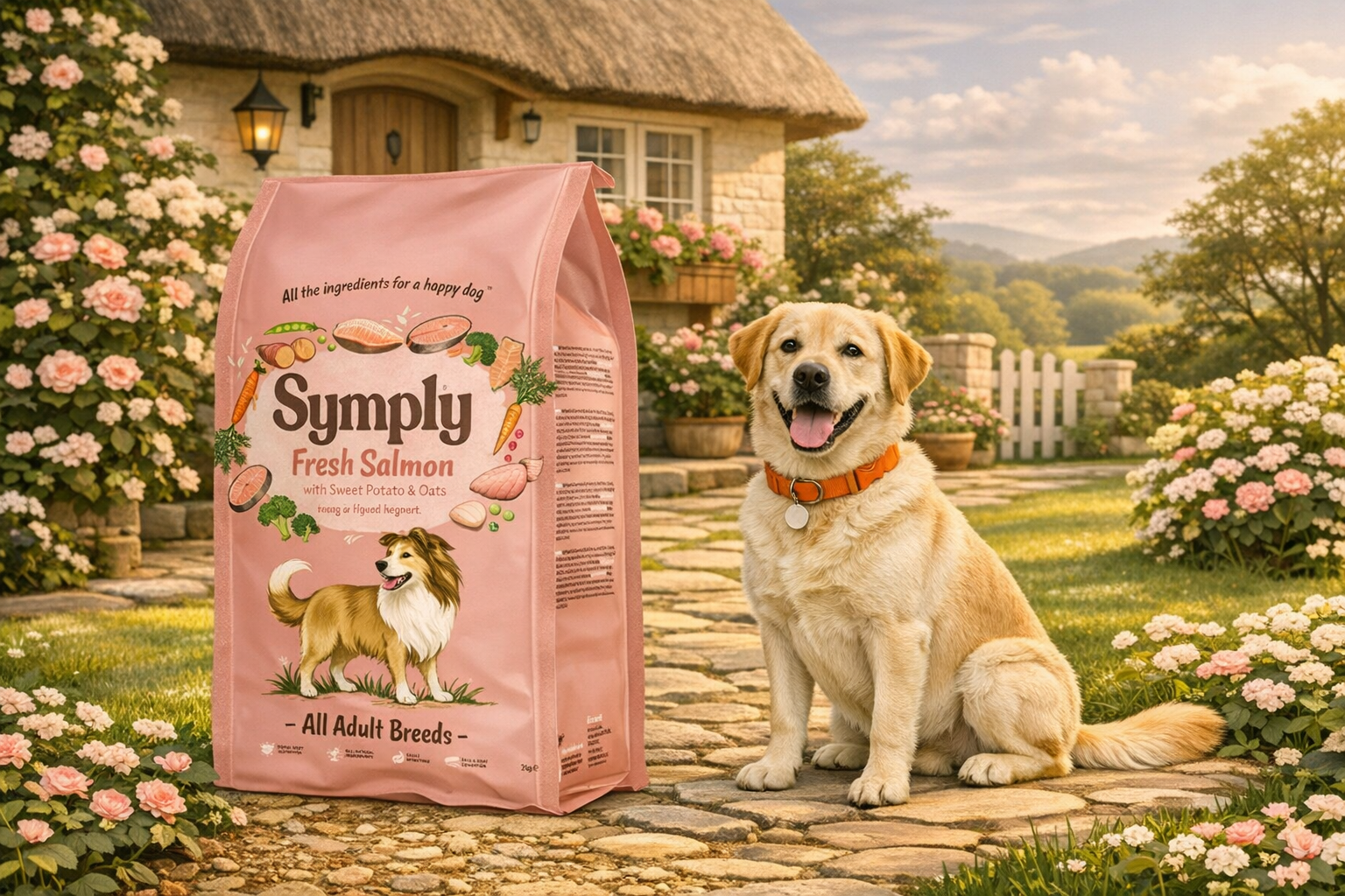 Dog sitting on a stone path with a 'Symply Fresh Salmon' dog food bag in the foreground, set against a scenic background with flowers and a house.