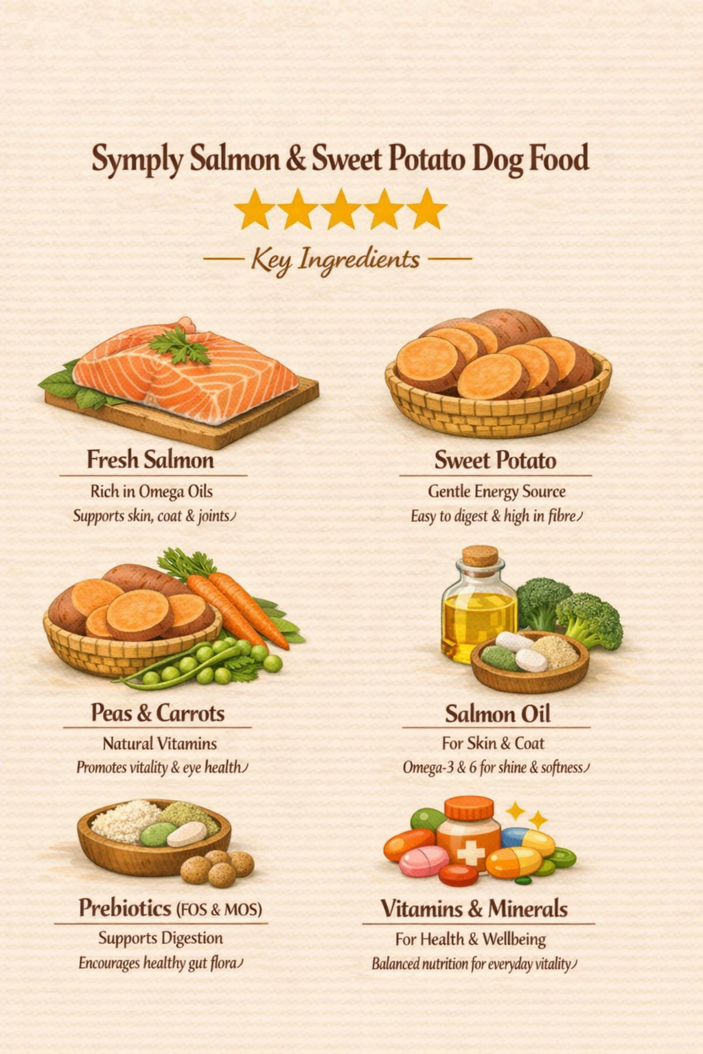 Dog food product with key ingredients including salmon, sweet potato, peas, carrots, and vitamins on a beige background.