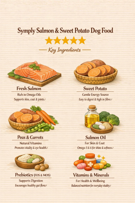 Dog food product with key ingredients including salmon, sweet potato, peas, carrots, and vitamins on a beige background.