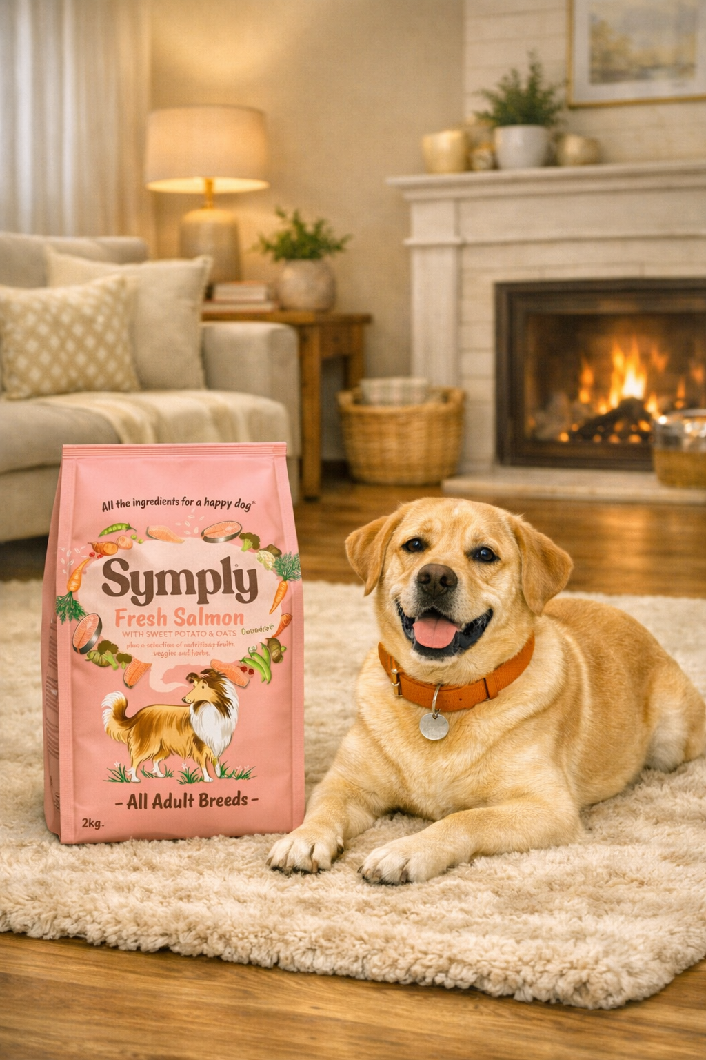 Dog lying on a rug next to a bag of 'Symply' dog food in a cozy living room.