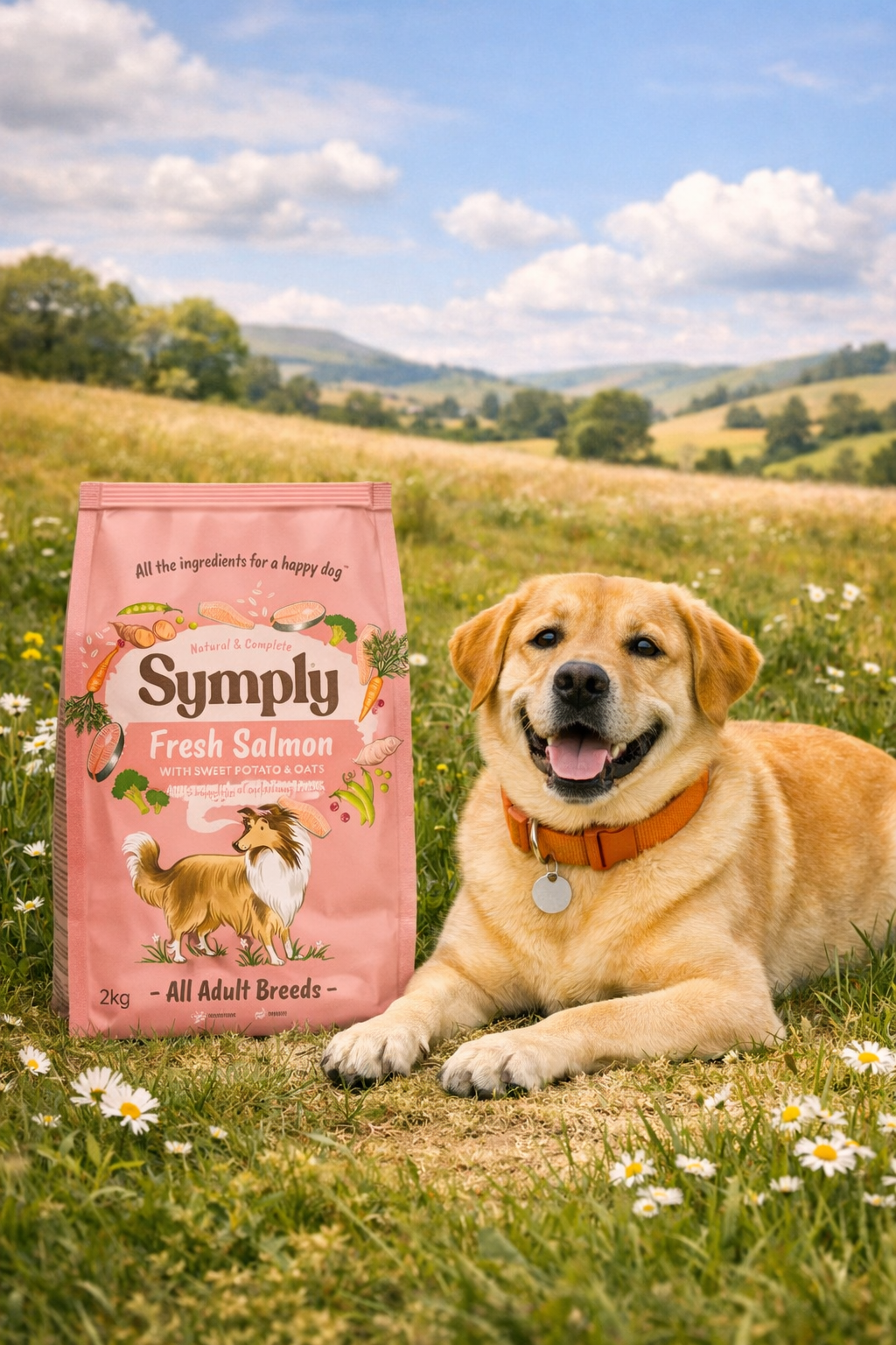 Dog lying on grass with a bag of Symply Fresh Salmon dog food in the foreground