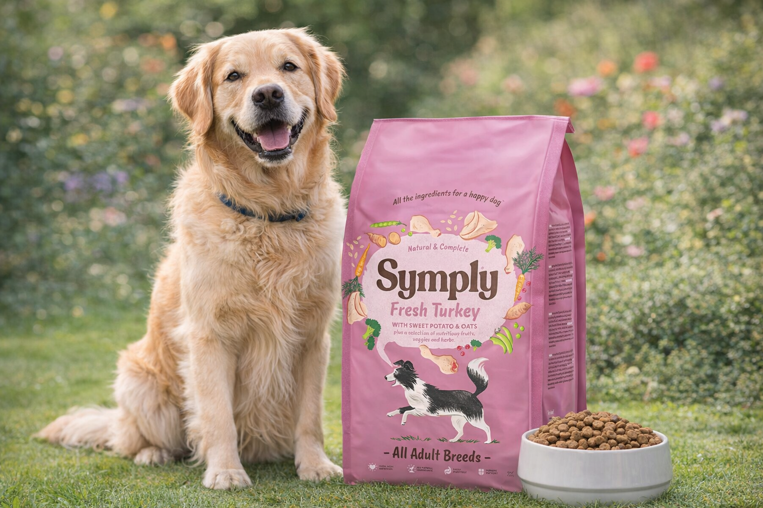 Dog sitting next to a bag of 'Simply' dog food with a bowl of kibble on grass.